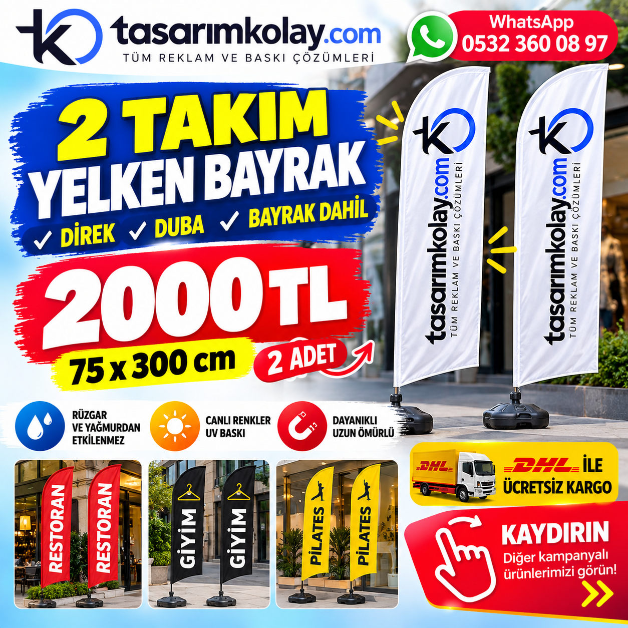 2 Takım Yelken Bayrak 75x300cm Takım Halinde